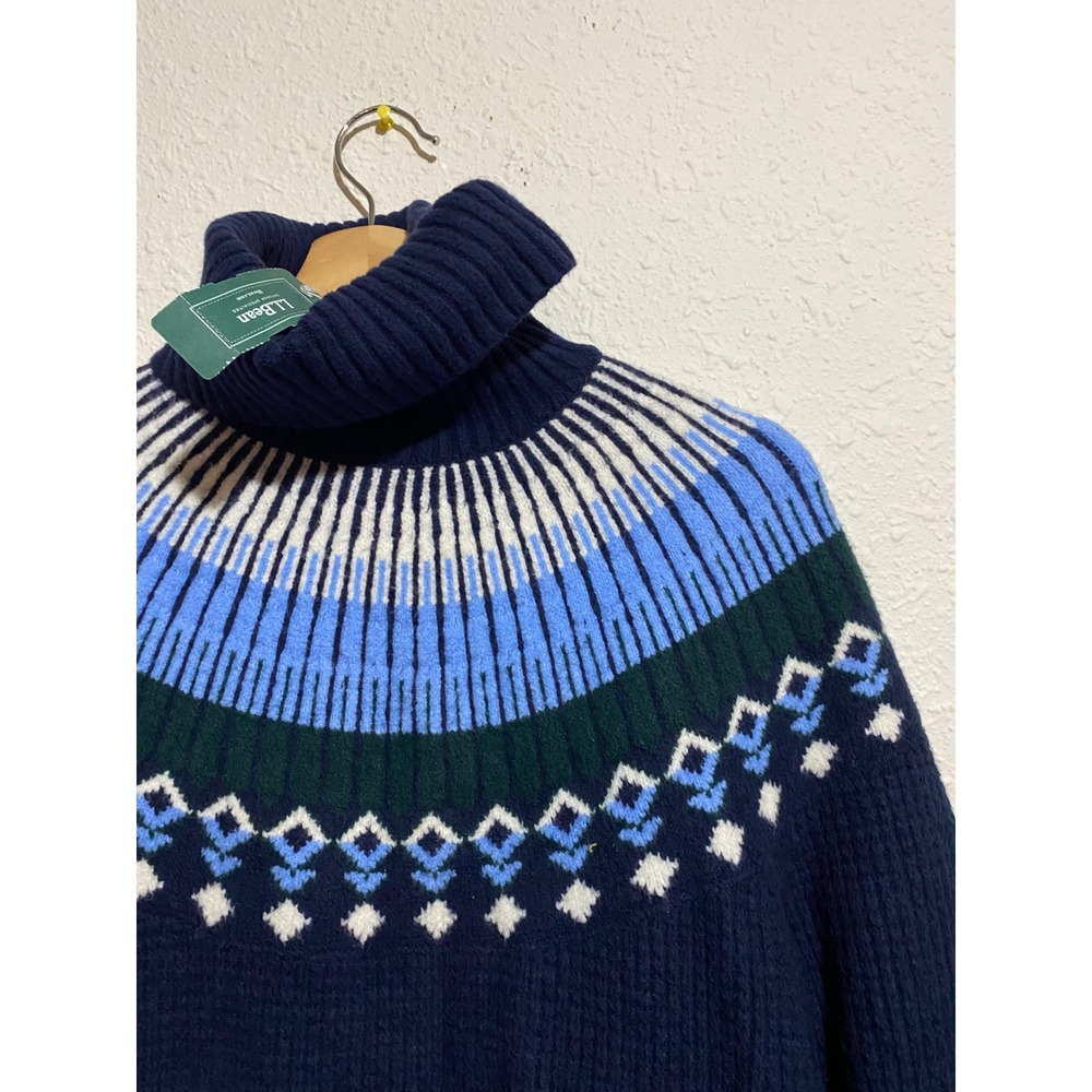 LL Bean Super Soft Waffle Turtleneck Fair Isle Sweater Navy Womens Medium New